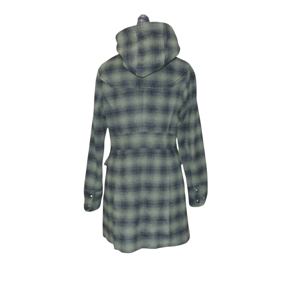 Steve Madden Toggle Coat Women Medium Green Black Plaid EUC Wool Blend Hood - Picture 4 of 7